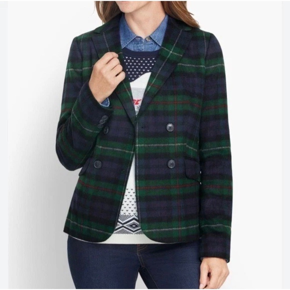 Talbots Wool‎ Plaid Tartan Double Breasted Blazer Jacket Lined Sz 6 Italy Fabric